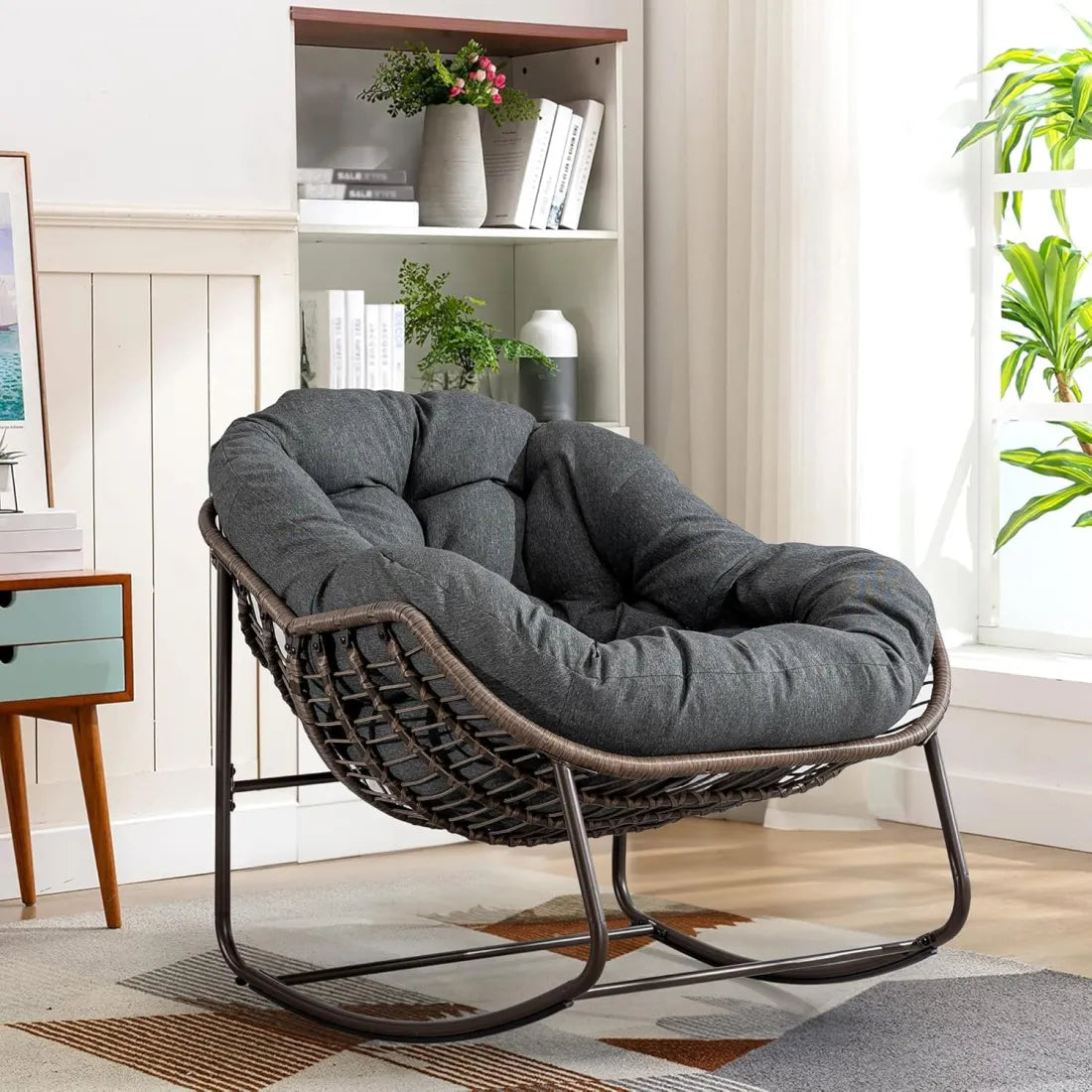 Extra Large Rocking Egg Chair - Comfy Indoor/Outdoor Wicker Lounge